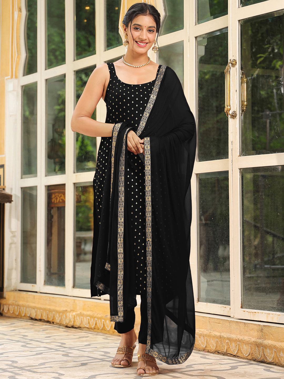 Janasya Dark Rayon Foil Print Straight Kurta Set | Grocsy
