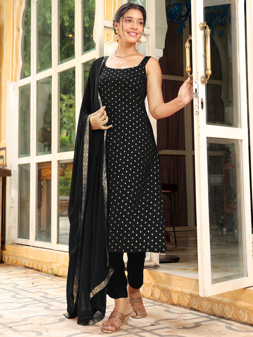 Janasya Dark Rayon Foil Print Straight Kurta Set | Grocsy