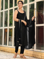 Janasya Dark Rayon Foil Print Straight Kurta Set | Grocsy