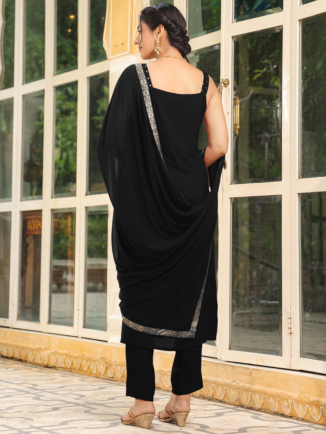 Janasya Dark Rayon Foil Print Straight Kurta Set | Grocsy