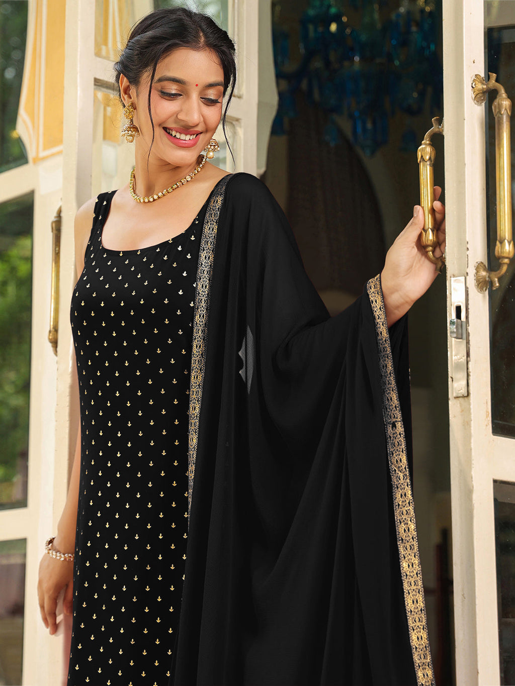 Janasya Dark Rayon Foil Print Straight Kurta Set | Grocsy