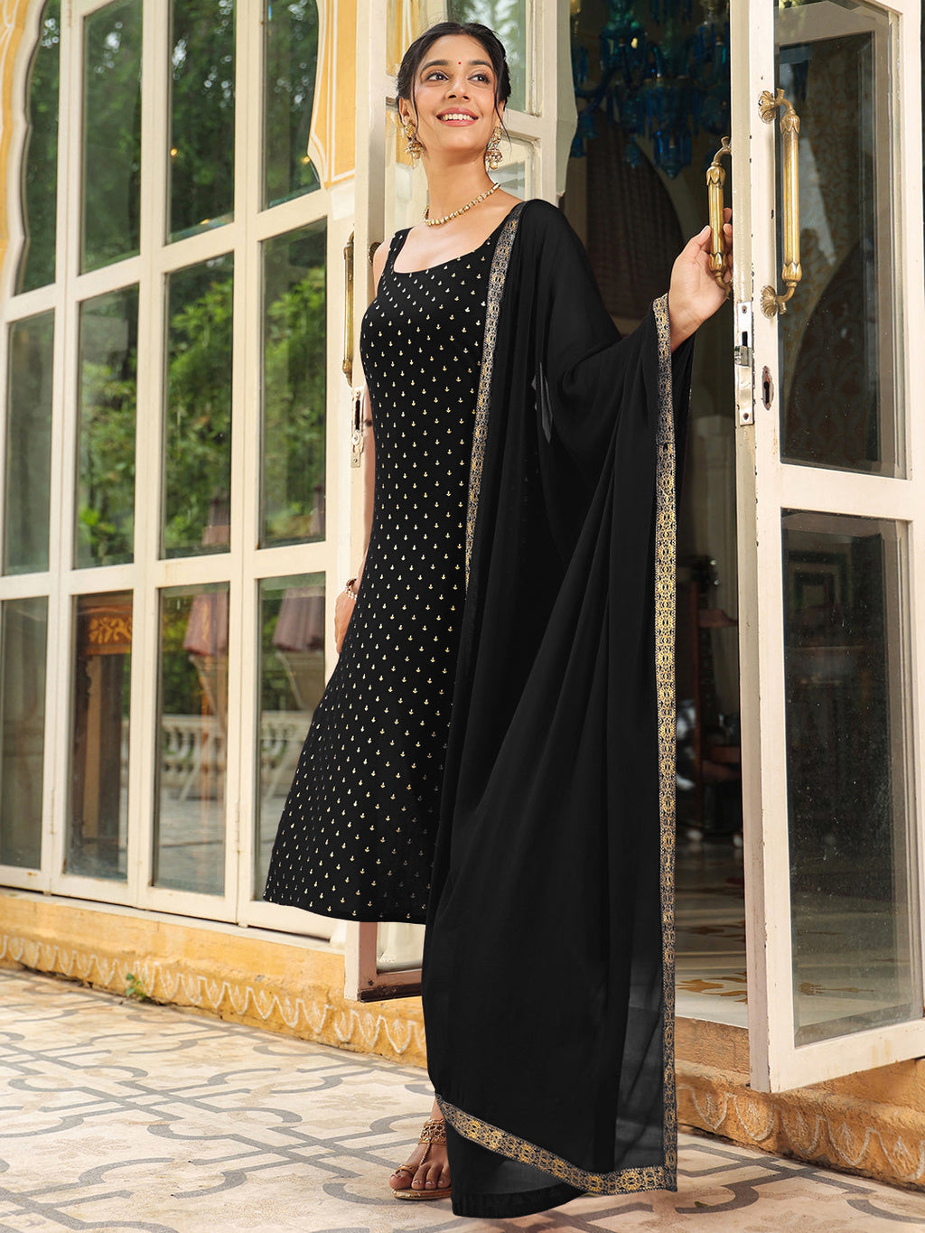 Janasya Dark Rayon Foil Print Straight Kurta Set | Grocsy