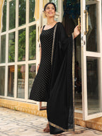 Janasya Dark Rayon Foil Print Straight Kurta Set | Grocsy