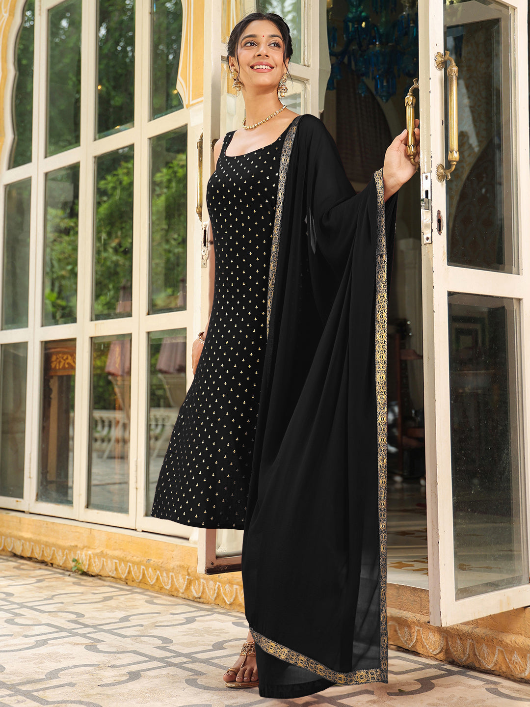Janasya Dark Rayon Foil Print Straight Kurta Set | Grocsy