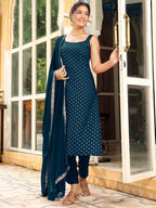 Janasya Dark Rayon Foil Print Straight Kurta Set | Grocsy