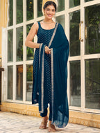 Janasya Dark Rayon Foil Print Straight Kurta Set | Grocsy