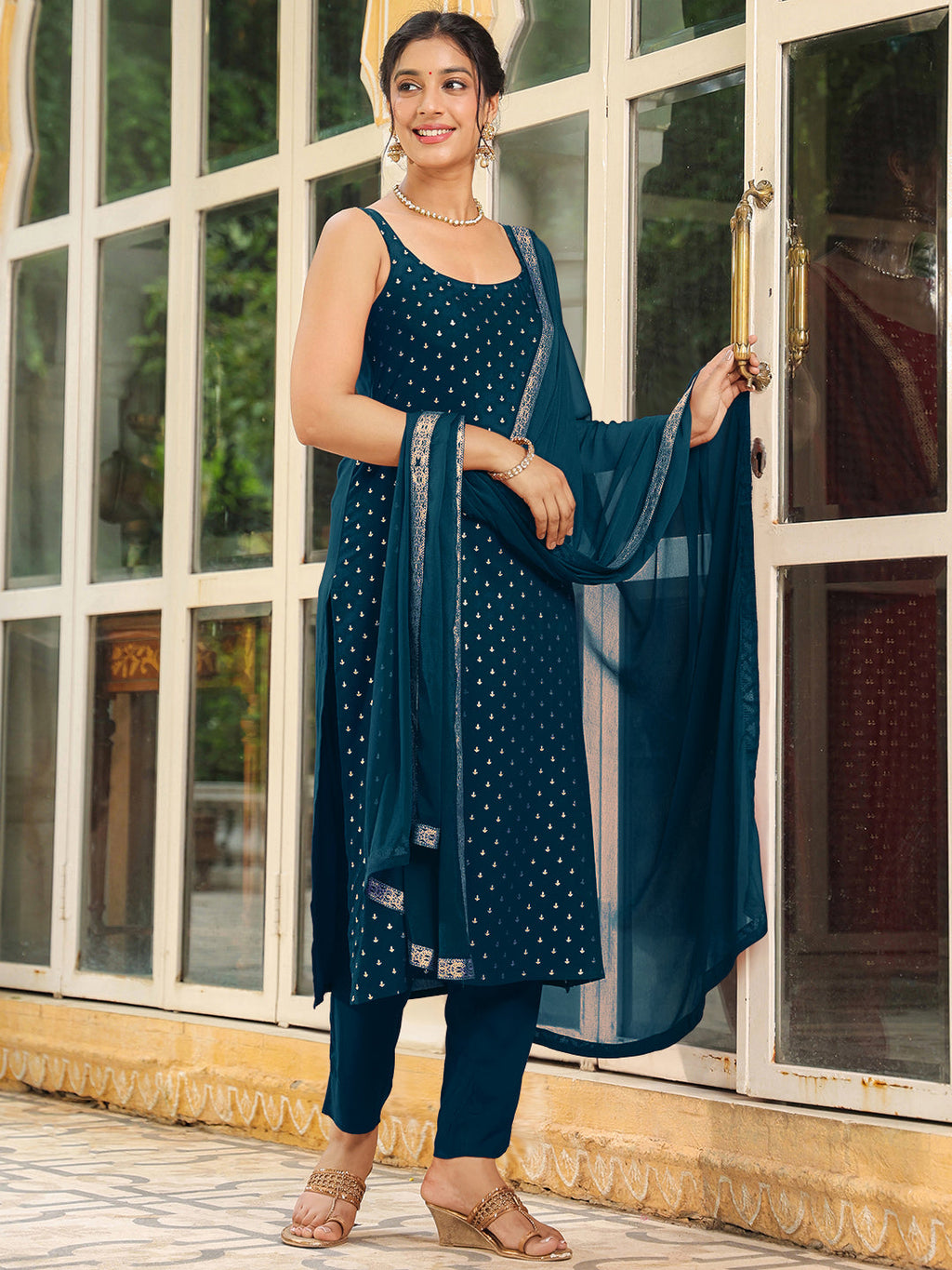 Janasya Dark Rayon Foil Print Straight Kurta Set | Grocsy