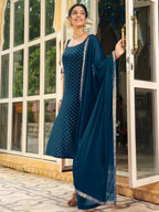 Janasya Dark Rayon Foil Print Straight Kurta Set | Grocsy