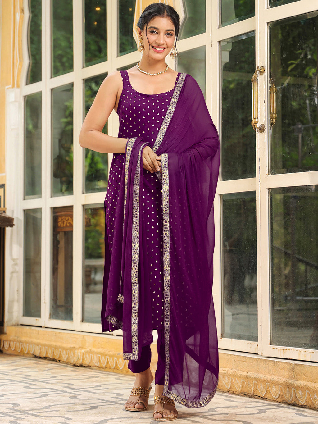 Janasya Dark Rayon Foil Print Straight Kurta Set | Grocsy