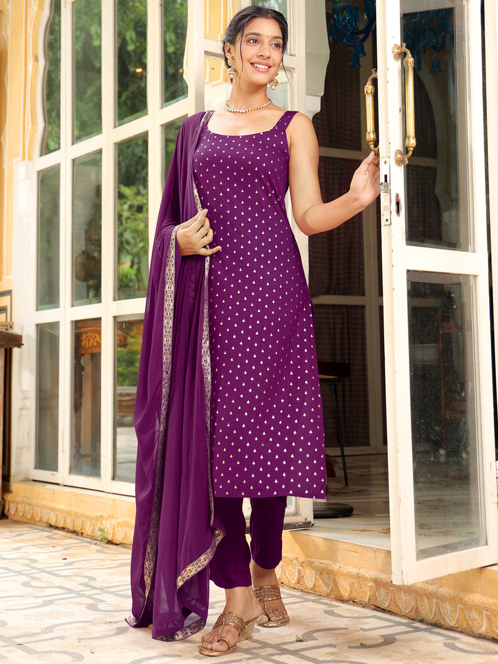 Janasya Dark Rayon Foil Print Straight Kurta Set | Grocsy