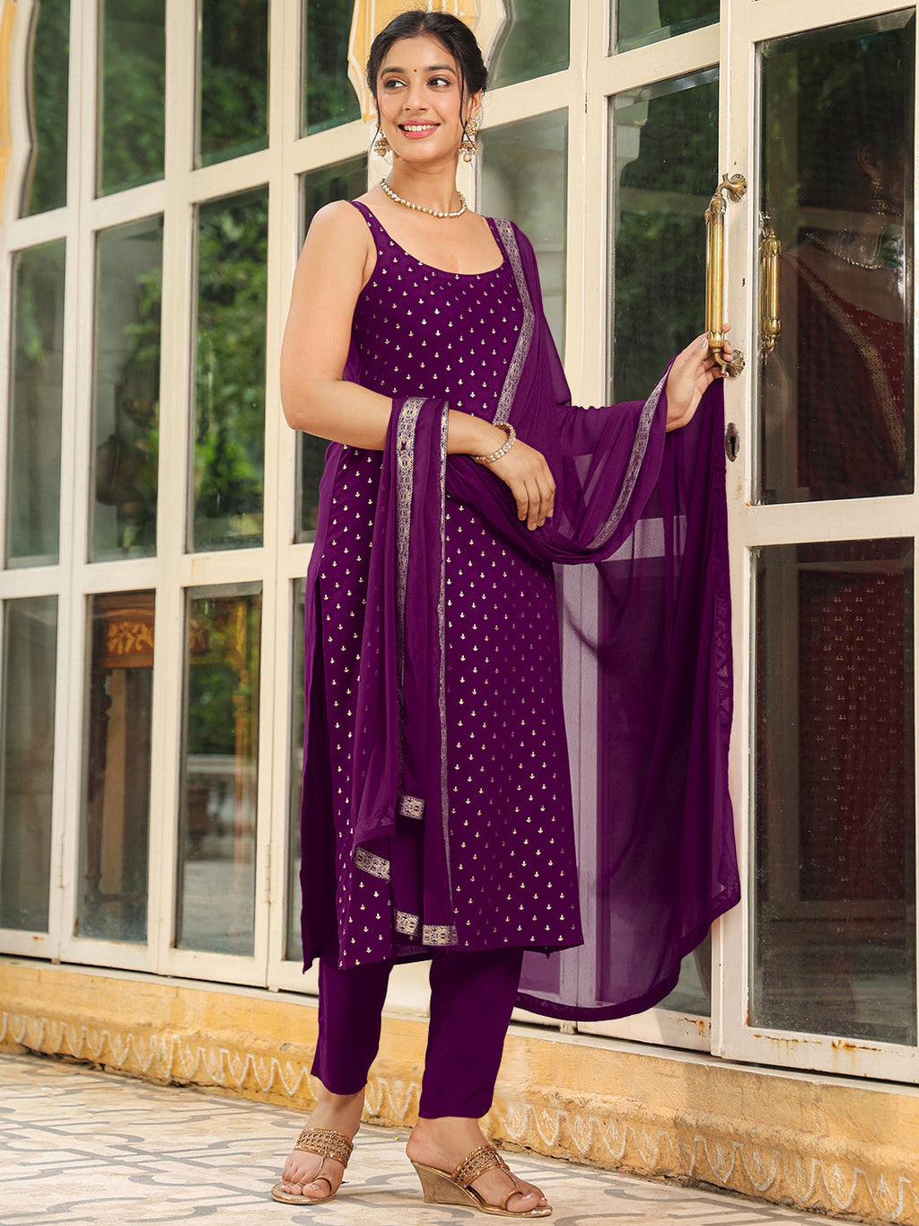 Janasya Dark Rayon Foil Print Straight Kurta Set | Grocsy