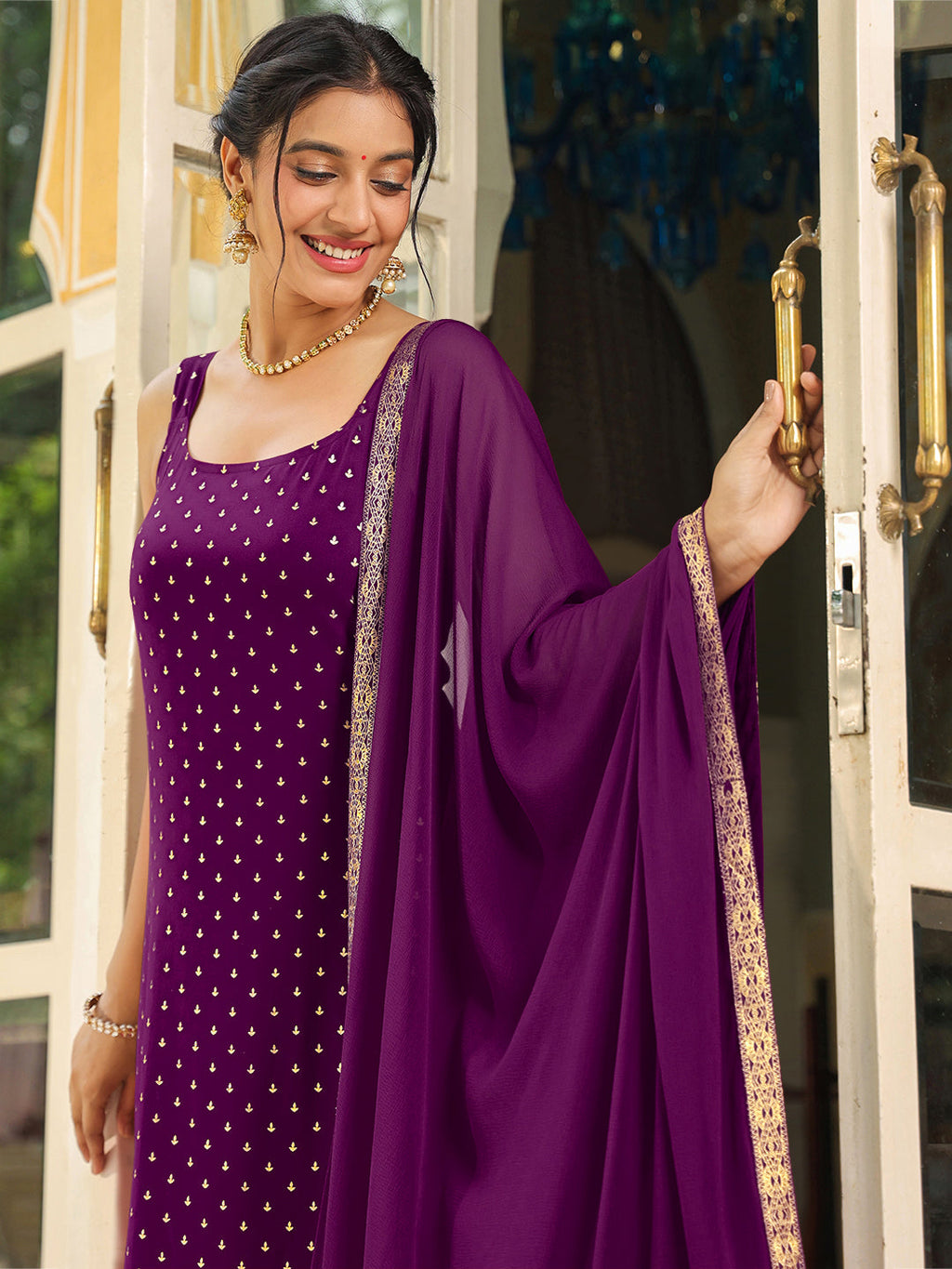 Janasya Dark Rayon Foil Print Straight Kurta Set | Grocsy