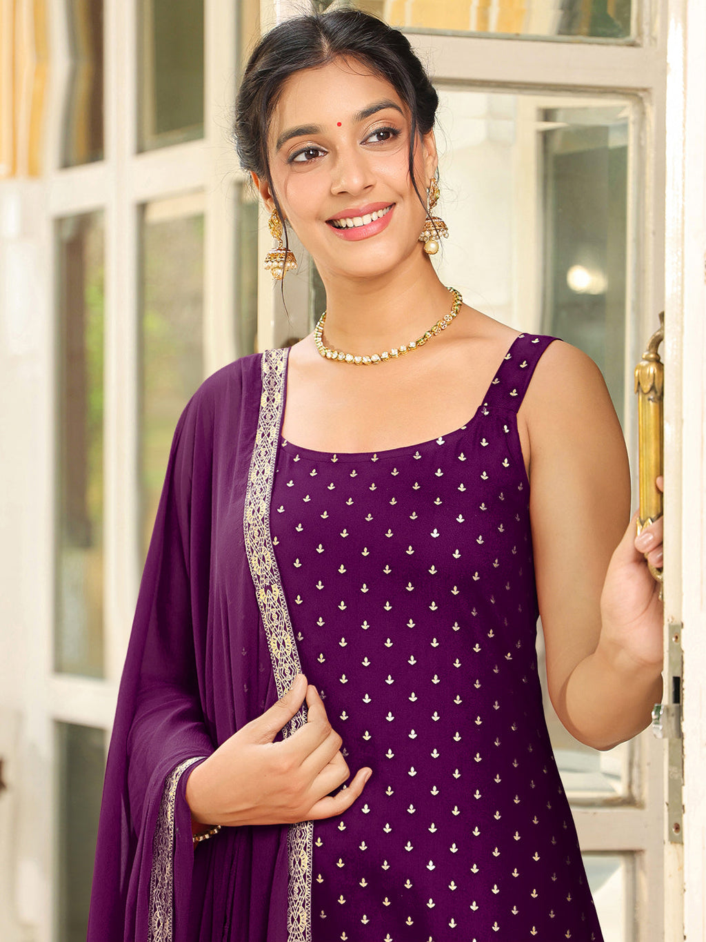 Janasya Dark Rayon Foil Print Straight Kurta Set | Grocsy
