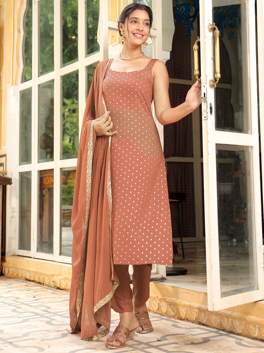Janasya Dark Rayon Foil Print Straight Kurta Set | Grocsy