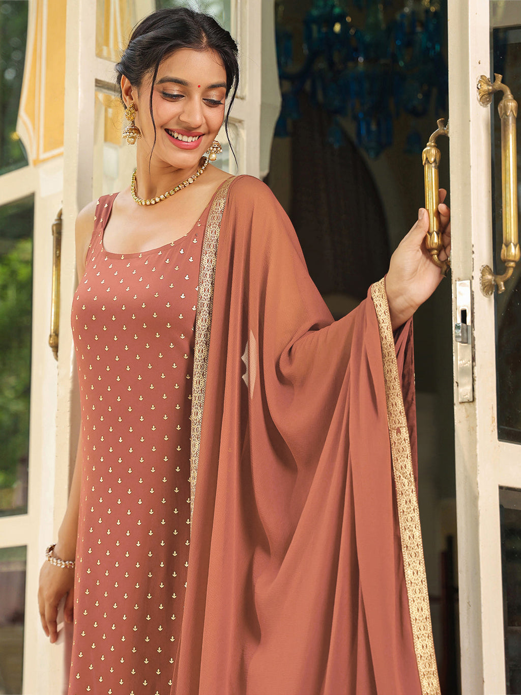 Janasya Dark Rayon Foil Print Straight Kurta Set | Grocsy