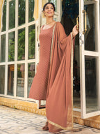 Janasya Dark Rayon Foil Print Straight Kurta Set | Grocsy