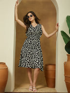 Janasya Dark Cotton Abstract A-Line Dress | Grocsy
