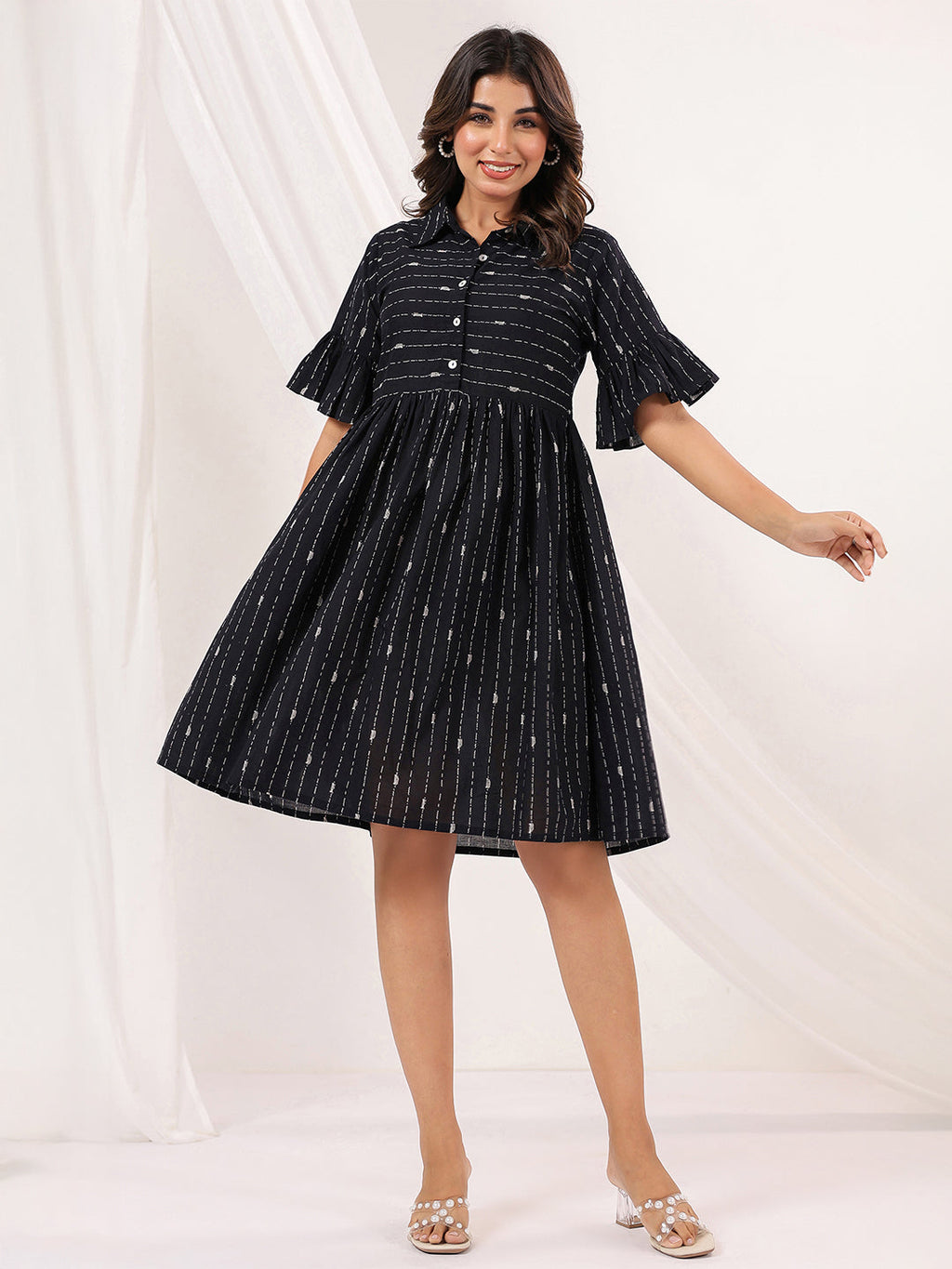 Janasya Dark Cotton Striped A-Line Dress | Grocsy