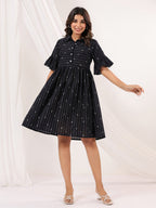 Janasya Dark Cotton Striped A-Line Dress | Grocsy