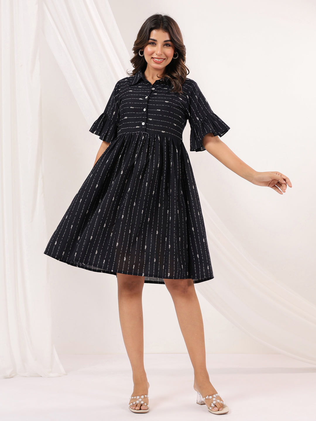 Janasya Dark Cotton Striped A-Line Dress | Grocsy