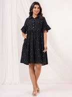 Janasya Dark Cotton Striped A-Line Dress | Grocsy