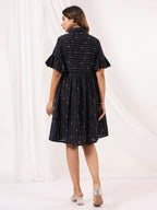 Janasya Dark Cotton Striped A-Line Dress | Grocsy