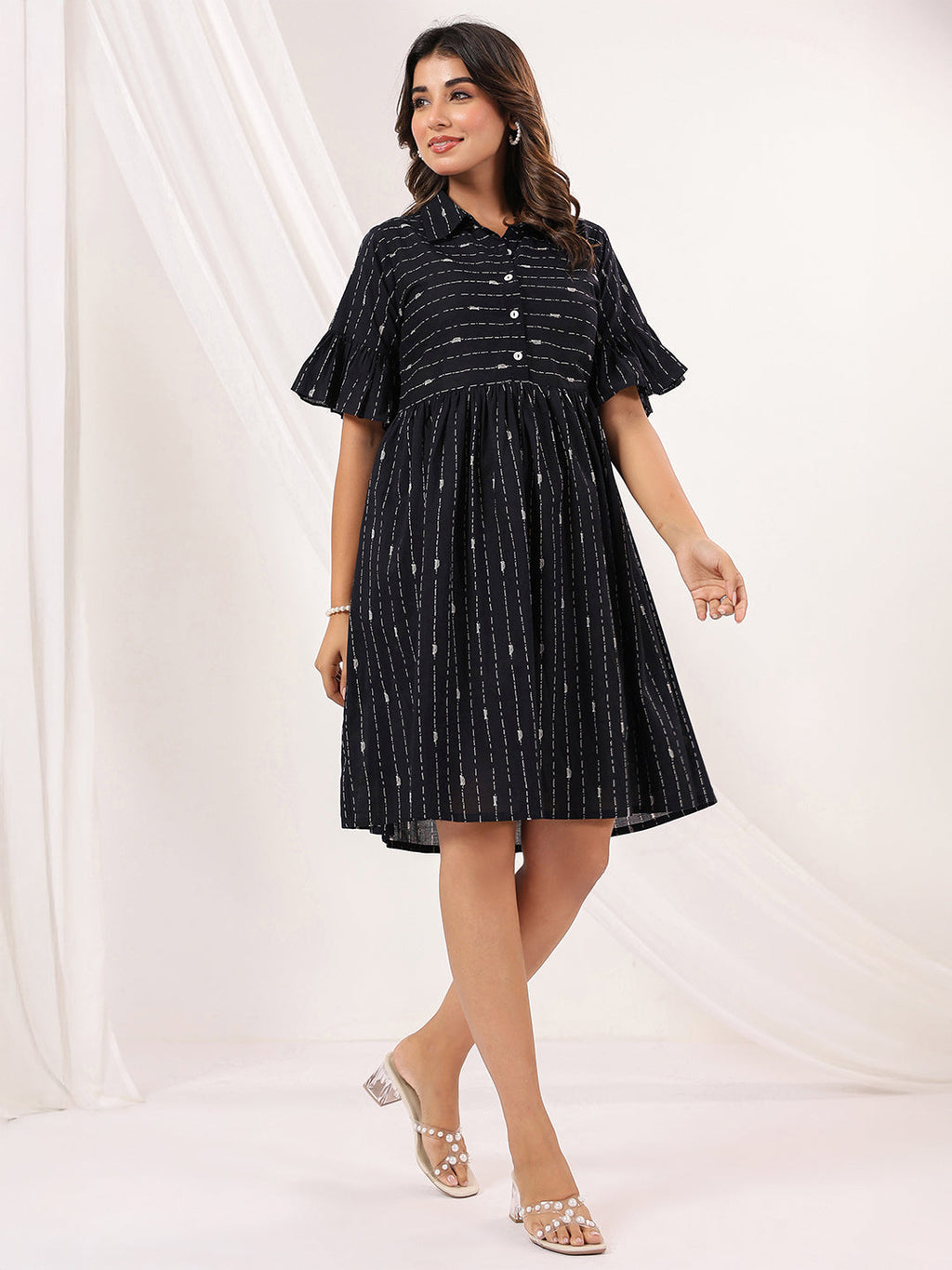 Janasya Dark Cotton Striped A-Line Dress | Grocsy