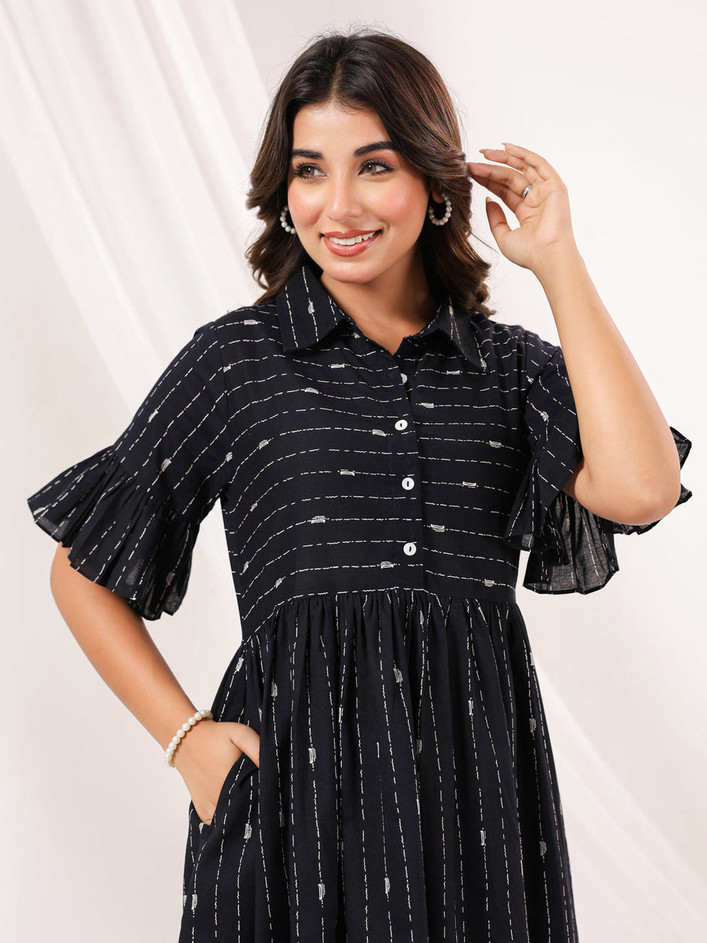 Janasya Dark Cotton Striped A-Line Dress | Grocsy