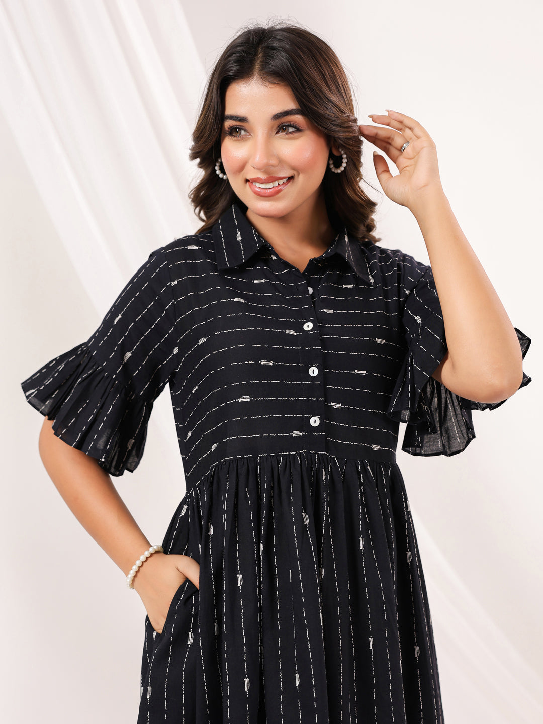 Janasya Dark Cotton Striped A-Line Dress | Grocsy