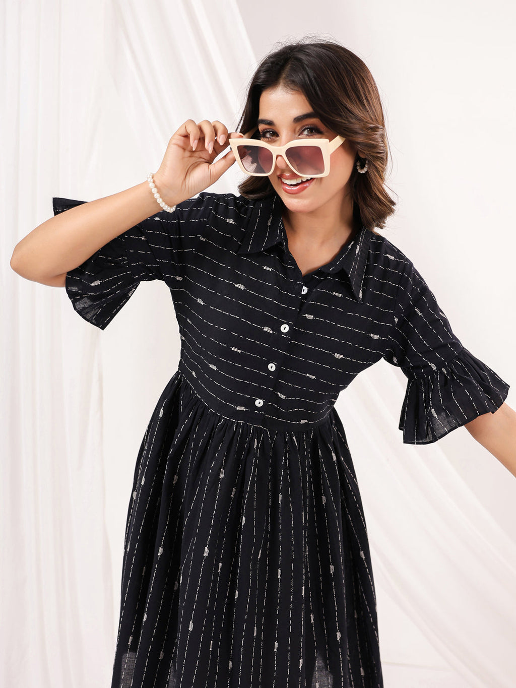 Janasya Dark Cotton Striped A-Line Dress | Grocsy