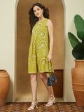 Janasya Dark Cotton Abstract A-Line Dress | Grocsy