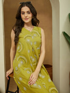 Janasya Dark Cotton Abstract A-Line Dress | Grocsy