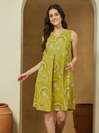 Janasya Dark Cotton Abstract A-Line Dress | Grocsy