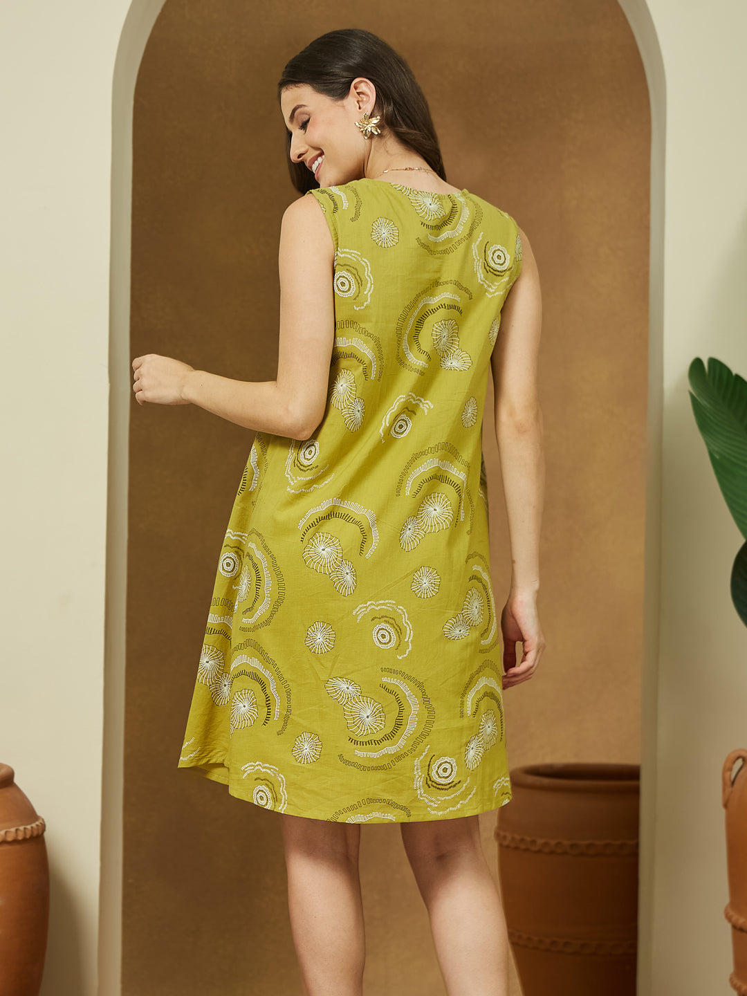 Janasya Dark Cotton Abstract A-Line Dress | Grocsy