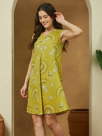 Janasya Dark Cotton Abstract A-Line Dress | Grocsy