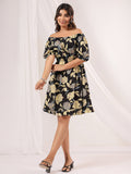 Janasya Dark Cotton Floral A-Line Dress | Grocsy