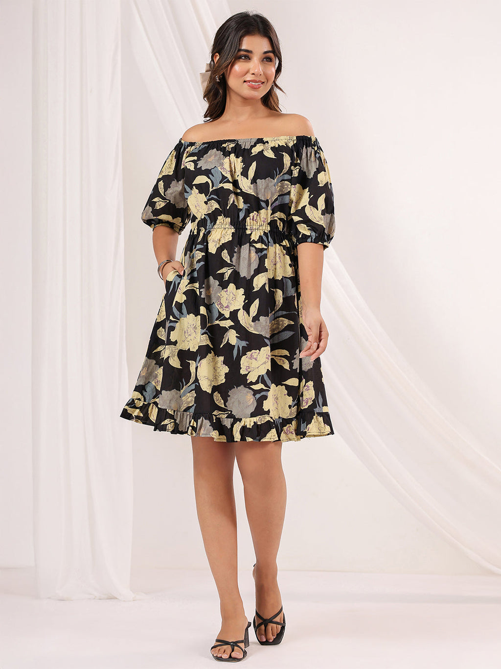 Janasya Dark Cotton Floral A-Line Dress | Grocsy