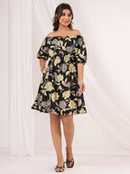 Janasya Dark Cotton Floral A-Line Dress | Grocsy