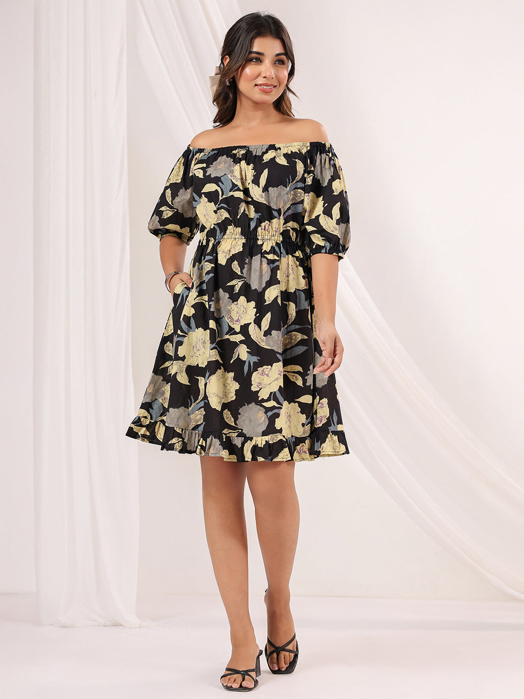 Janasya Dark Cotton Floral A-Line Dress | Grocsy