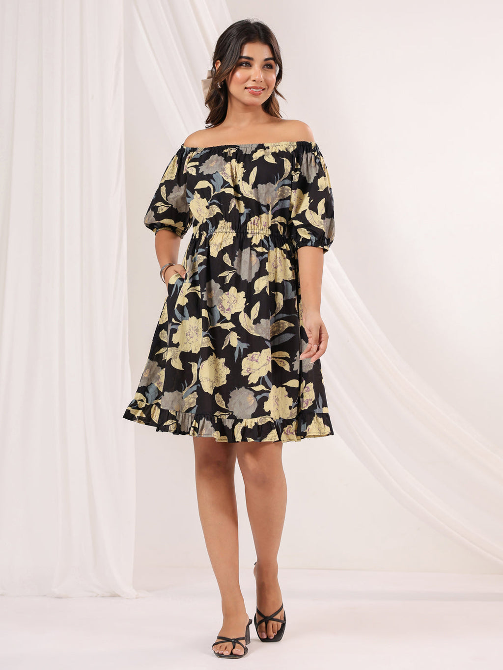 Janasya Dark Cotton Floral A-Line Dress | Grocsy