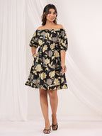 Janasya Dark Cotton Floral A-Line Dress | Grocsy