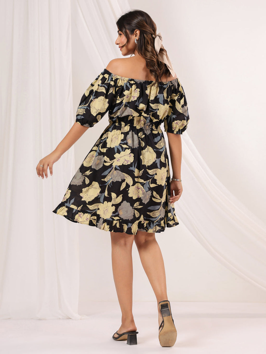 Janasya Dark Cotton Floral A-Line Dress | Grocsy