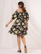 Janasya Dark Cotton Floral A-Line Dress | Grocsy
