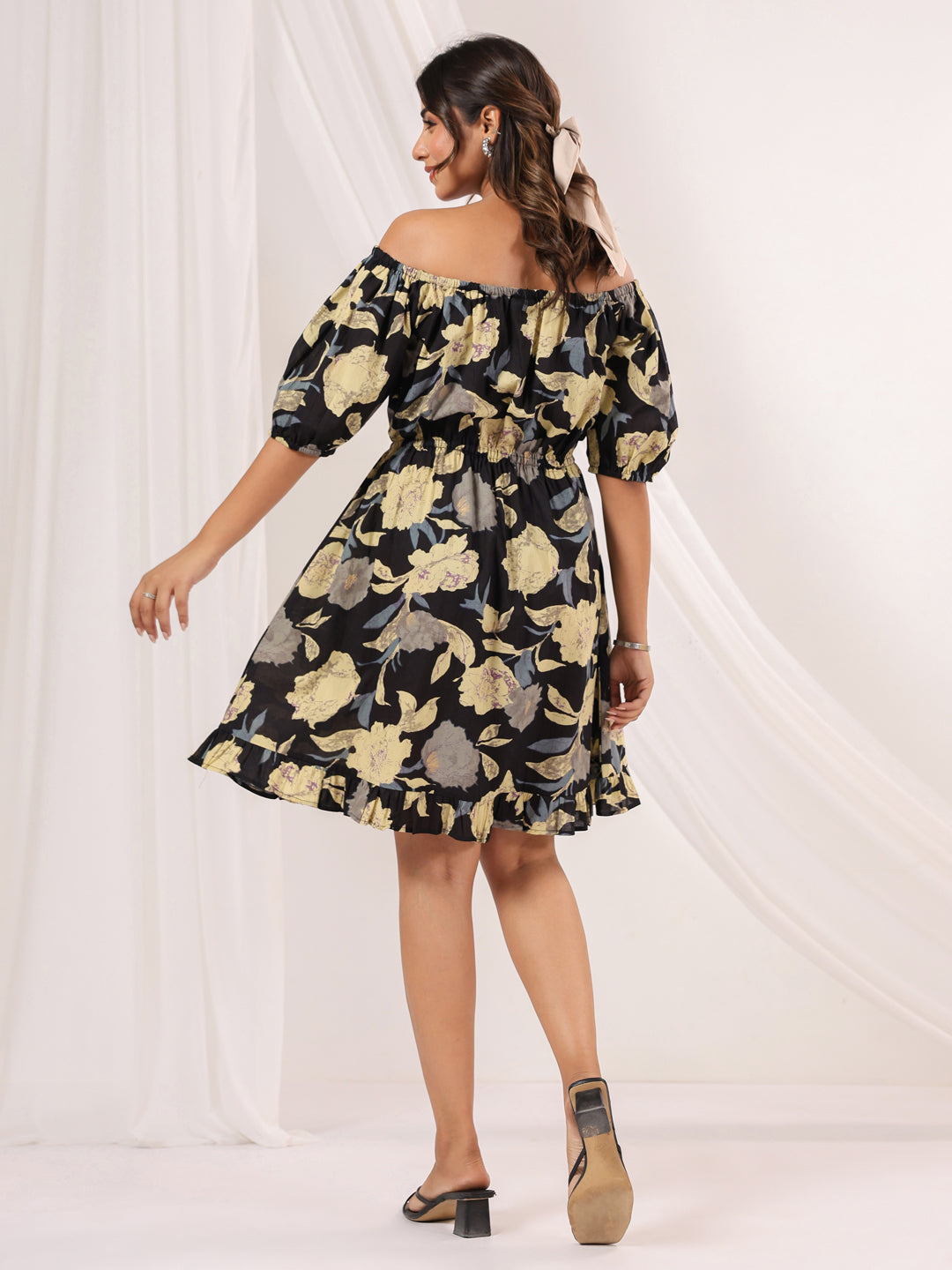 Janasya Dark Cotton Floral A-Line Dress | Grocsy