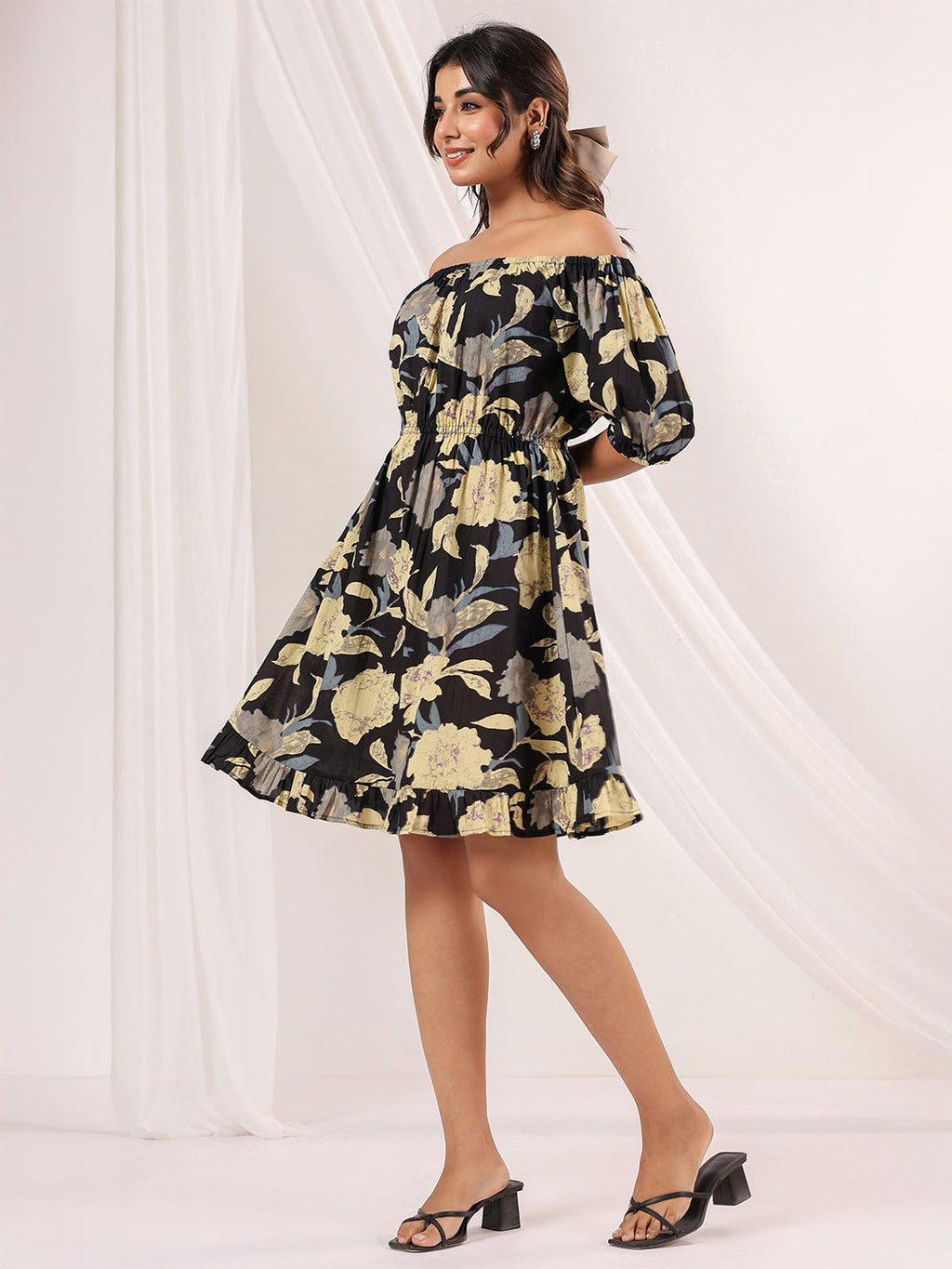 Janasya Dark Cotton Floral A-Line Dress | Grocsy