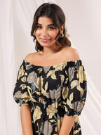Janasya Dark Cotton Floral A-Line Dress | Grocsy