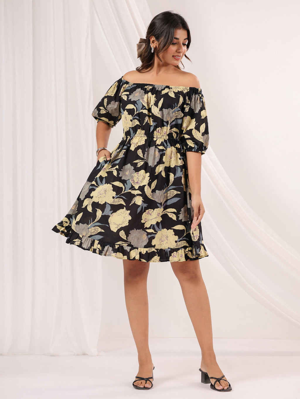 Janasya Dark Cotton Floral A-Line Dress | Grocsy