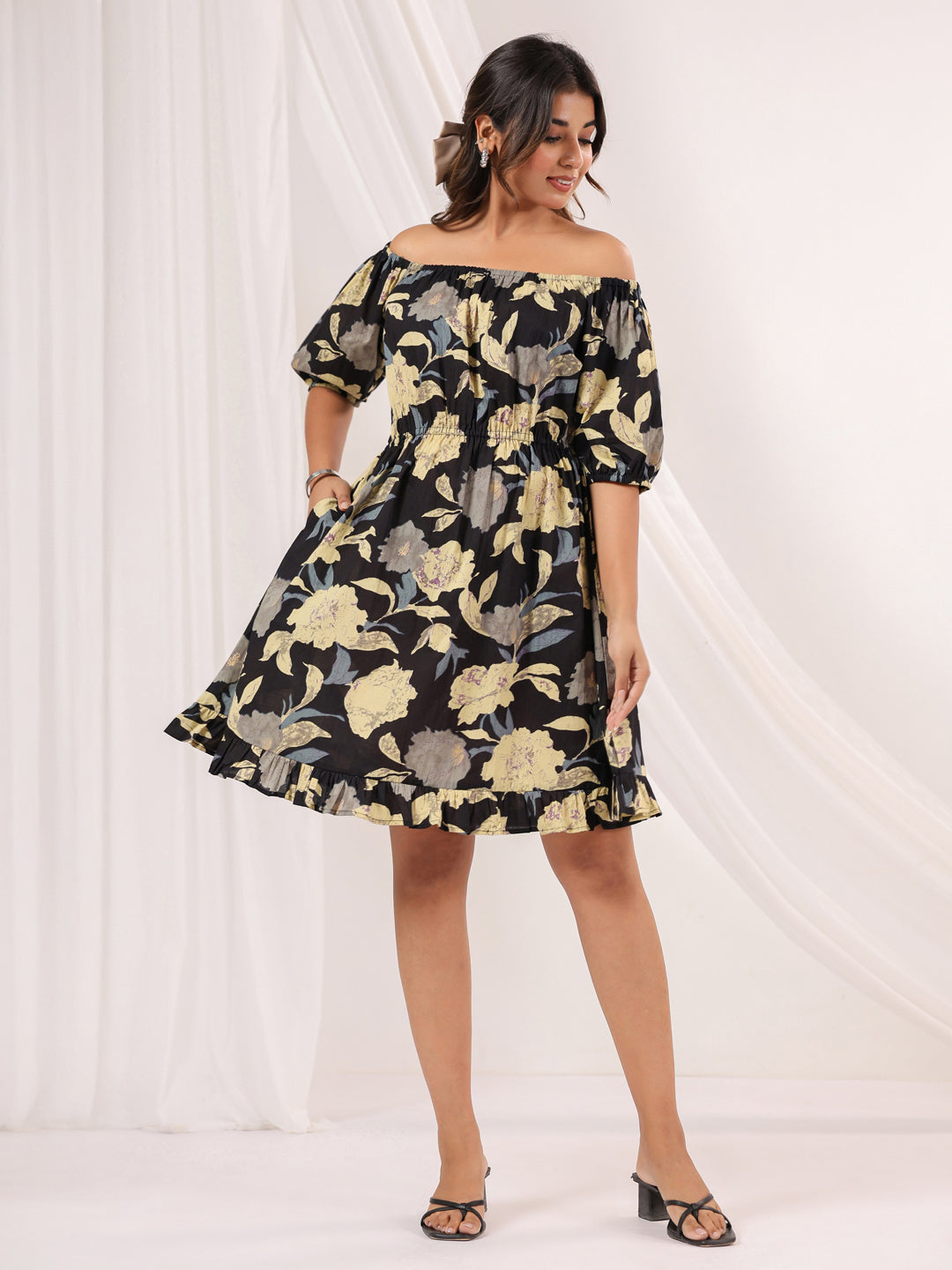 Janasya Dark Cotton Floral A-Line Dress | Grocsy