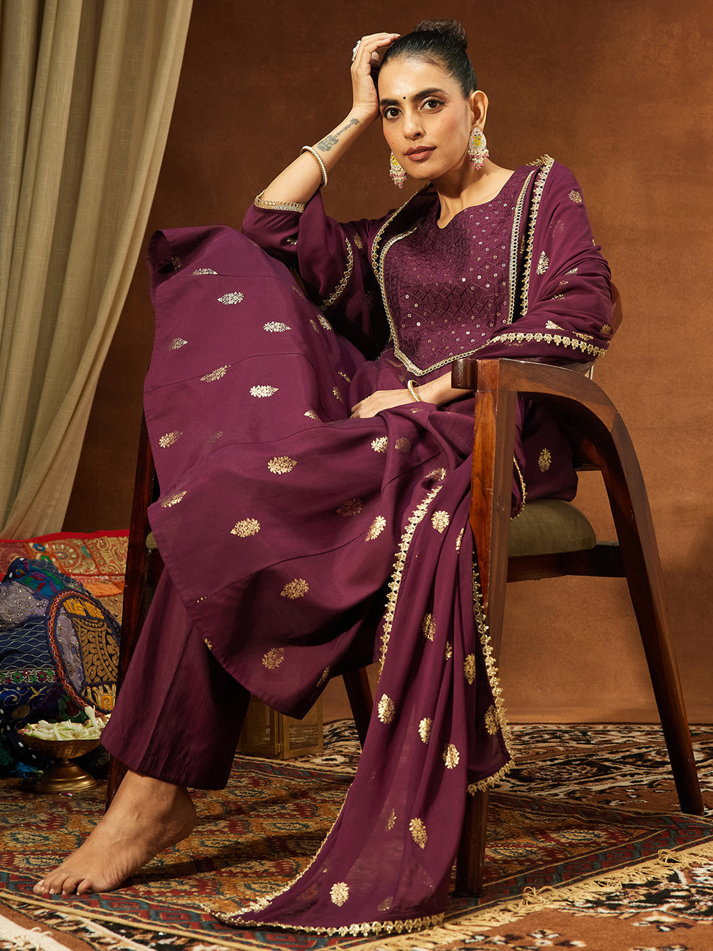 Janasya Wine Anarkali Chanderi Kurta,Bottom & Dupatta | Grocsy