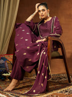 Janasya Wine Anarkali Chanderi Kurta,Bottom & Dupatta | Grocsy